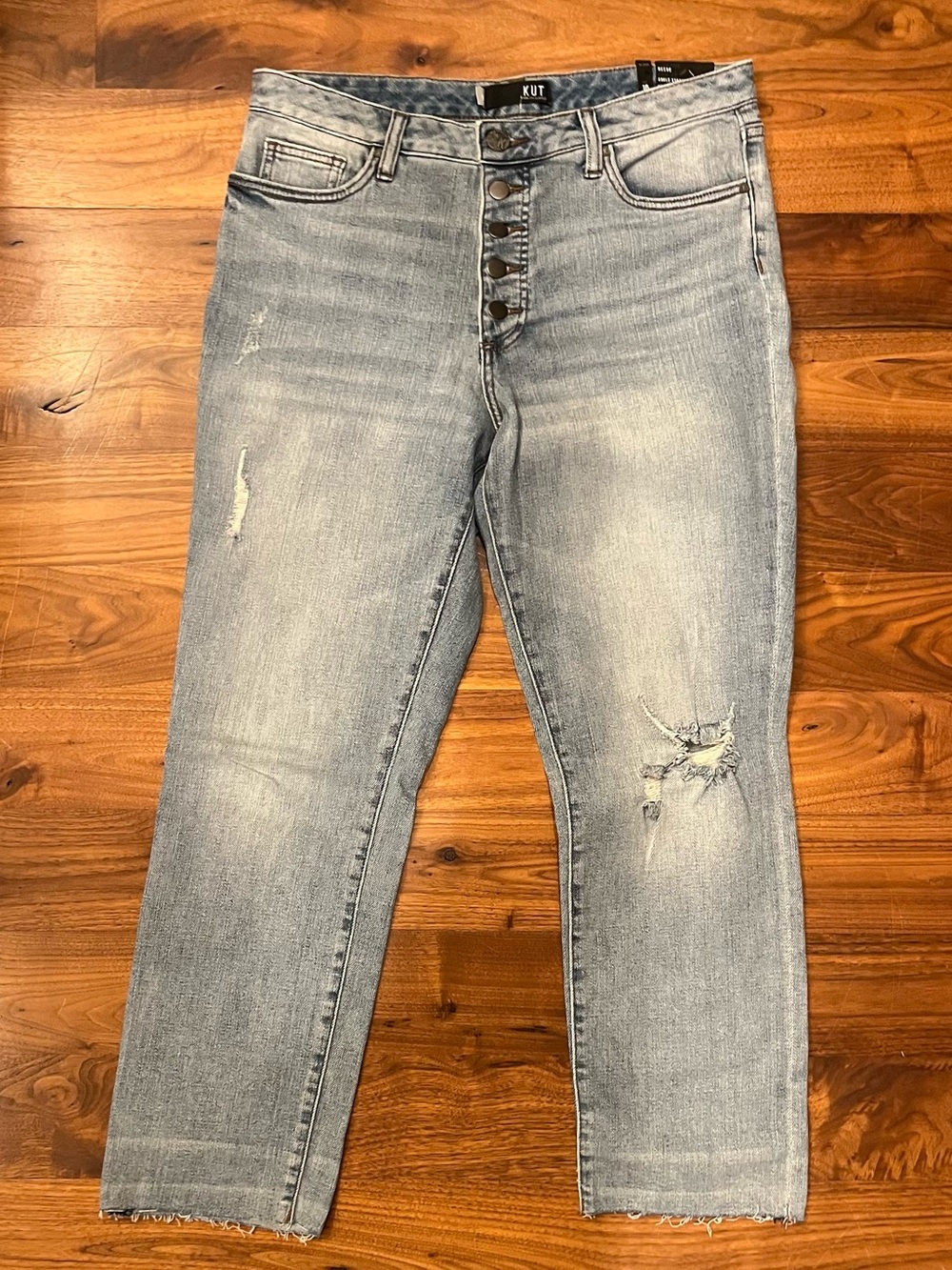 KUT from the Kloth high-rise button-fly jeans in light distressed wash (size-10)